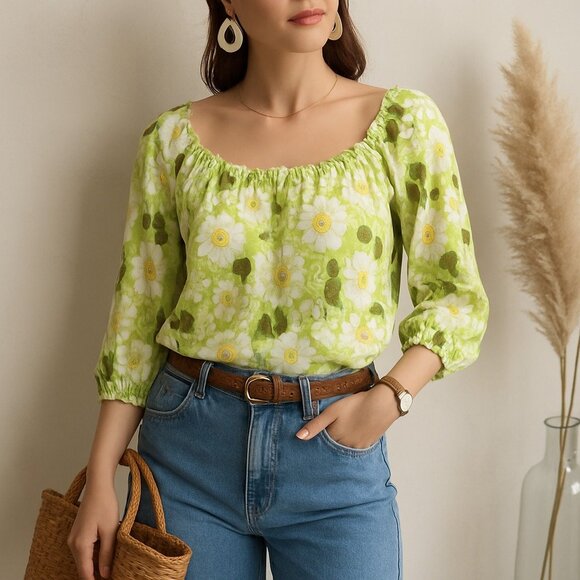 Boho Floral Crinkle Blouse Ruffle Neck Lime Green Top L Cottagecore Peasant - Picture 2 of 16